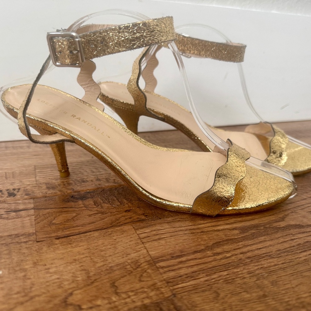 Loeffler Randall Amelia Gold Crackled Scalloped Heels Adjustable Women's Size 9‎